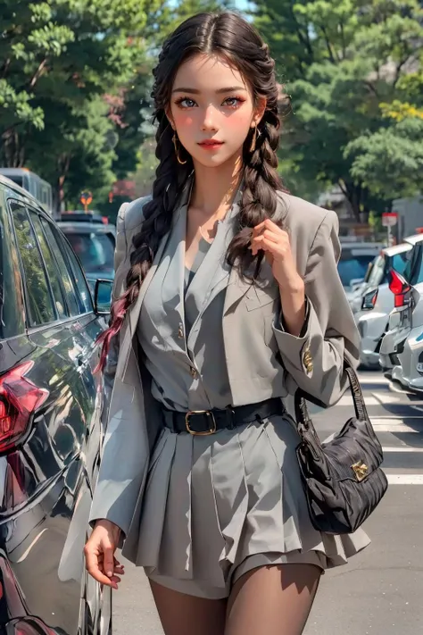 realistic, photorealistic, best quality, masterpiece, ultra high res, finely detailed, quality, realistic lighting, detailed skin, intricate details, raw photo, absurdres, highres, ultra detailed, BREAK, 1girl, sol, looking at viewer, 18 years old, hand of Guido Daniele, (pantyhose, high heels, twin braids, bag, braid, skirt, waving, black footwear, holding, holding bag, grey jacket, jacket, solo focus, handbag, black hair, belt, jewelry, blurry background, earrings, long hair, blurry, outdoors, shirt, multicolored hair, black belt, grey skirt, smile, blush), (beautifu and aesthetic face, detailed face, clean facial features, an extremely delicate and beautiful, beautiful detailed eyes, stars in the eyes, Pink lips, Glowing Eyes, perfect face, detailed pupils, Makeup:1.1), (nice hands, sexy, slim, large breasts, skinny, narrow waist, human anatomy:1.1), (detailed light, beautiful detailed glow, detailed background:1.1), (reflection, refraction, Rembrandt lighting, diffuse lighting, radiosity, photon mapping, subsurface scattering, dynamic lighting, Multi-exposure HDR capture, Screen Space Global Illumination, Ray Tracing, Lumen Reflections, Tone Mapping, volumetric lighting, Circular polarizer, broad lighting, dramatic lighting:1.1), BREAK, explosive light and shadow, sharp focus, film grain, rim lighting, two tone lighting, rim light, Overdetailed art, official art, beautiful and aesthetic, beautiful, elegant, vivid colours, warm tone, soft light, delicate, Ultrarealistic, Detailed illustration, extremely detailed CG Unity 8k wallpaper, PBR Texturing, huge filesize, 8k uhd, octane render, unreal engine 5, BREAK, <lora:GoodHands-beta2:1>, <lora:yuanying:0.8>, yuanying