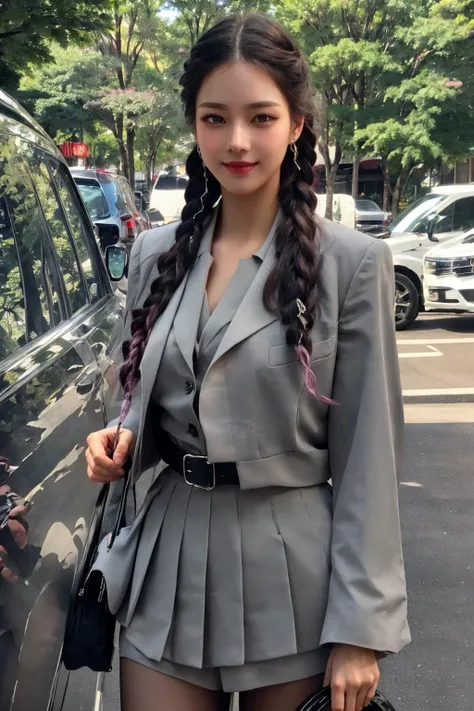 realistic, photorealistic, best quality, masterpiece, ultra high res, finely detailed, quality, realistic lighting, detailed skin, intricate details, raw photo, absurdres, highres, ultra detailed, BREAK, 1girl, sol, looking at viewer, 18 years old, hand of Guido Daniele, (pantyhose, high heels, twin braids, bag, braid, skirt, waving, black footwear, holding, holding bag, grey jacket, jacket, solo focus, handbag, black hair, belt, jewelry, blurry background, earrings, long hair, blurry, outdoors, shirt, multicolored hair, black belt, grey skirt, smile, blush), (beautifu and aesthetic face, detailed face, clean facial features, an extremely delicate and beautiful, beautiful detailed eyes, stars in the eyes, Pink lips, Glowing Eyes, perfect face, detailed pupils, Makeup:1.1), (nice hands, sexy, slim, large breasts, skinny, narrow waist, human anatomy:1.1), (detailed light, beautiful detailed glow, detailed background:1.1), (reflection, refraction, Rembrandt lighting, diffuse lighting, radiosity, photon mapping, subsurface scattering, dynamic lighting, Multi-exposure HDR capture, Screen Space Global Illumination, Ray Tracing, Lumen Reflections, Tone Mapping, volumetric lighting, Circular polarizer, broad lighting, dramatic lighting:1.1), BREAK, explosive light and shadow, sharp focus, film grain, rim lighting, two tone lighting, rim light, Overdetailed art, official art, beautiful and aesthetic, beautiful, elegant, vivid colours, warm tone, soft light, delicate, Ultrarealistic, Detailed illustration, extremely detailed CG Unity 8k wallpaper, PBR Texturing, huge filesize, 8k uhd, octane render, unreal engine 5, BREAK, <lora:GoodHands-beta2:1>, <lora:yuanying:0.8>, yuanying