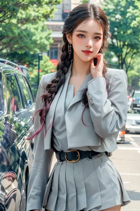 realistic, photorealistic, best quality, masterpiece, ultra high res, finely detailed, quality, realistic lighting, detailed skin, intricate details, raw photo, absurdres, highres, ultra detailed, BREAK, 1girl, sol, looking at viewer, 18 years old, hand of Guido Daniele, (pantyhose, high heels, twin braids, bag, braid, skirt, waving, black footwear, holding, holding bag, grey jacket, jacket, solo focus, handbag, black hair, belt, jewelry, blurry background, earrings, long hair, blurry, outdoors, shirt, multicolored hair, black belt, grey skirt, smile, blush), (beautifu and aesthetic face, detailed face, clean facial features, an extremely delicate and beautiful, beautiful detailed eyes, stars in the eyes, Pink lips, Glowing Eyes, perfect face, detailed pupils, Makeup:1.1), (nice hands, sexy, slim, large breasts, skinny, narrow waist, human anatomy:1.1), (detailed light, beautiful detailed glow, detailed background:1.1), (reflection, refraction, Rembrandt lighting, diffuse lighting, radiosity, photon mapping, subsurface scattering, dynamic lighting, Multi-exposure HDR capture, Screen Space Global Illumination, Ray Tracing, Lumen Reflections, Tone Mapping, volumetric lighting, Circular polarizer, broad lighting, dramatic lighting:1.1), BREAK, explosive light and shadow, sharp focus, film grain, rim lighting, two tone lighting, rim light, Overdetailed art, official art, beautiful and aesthetic, beautiful, elegant, vivid colours, warm tone, soft light, delicate, Ultrarealistic, Detailed illustration, extremely detailed CG Unity 8k wallpaper, PBR Texturing, huge filesize, 8k uhd, octane render, unreal engine 5, BREAK, <lora:GoodHands-beta2:1>, <lora:yuanying:0.8>, yuanying