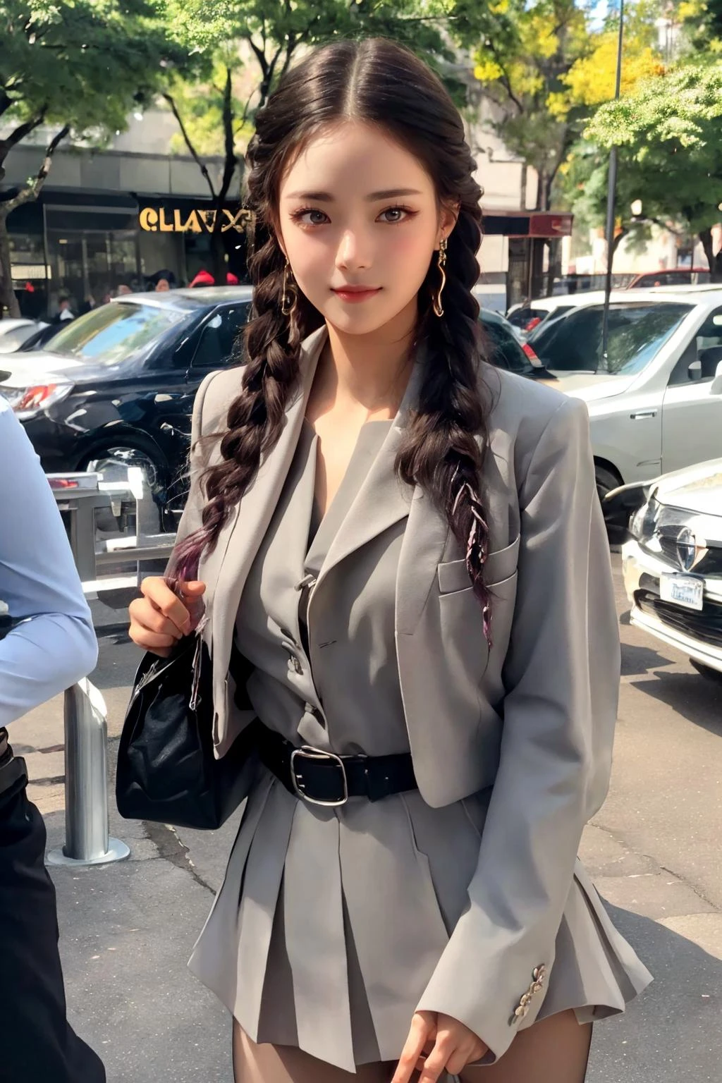 realistic, photorealistic, best quality, masterpiece, ultra high res, finely detailed, quality, realistic lighting, detailed skin, intricate details, raw photo, absurdres, highres, ultra detailed, BREAK, 1girl, sol, looking at viewer, 18 years old, hand of Guido Daniele, (pantyhose, high heels, twin braids, bag, braid, skirt, waving, black footwear, holding, holding bag, grey jacket, jacket, solo focus, handbag, black hair, belt, jewelry, blurry background, earrings, long hair, blurry, outdoors, shirt, multicolored hair, black belt, grey skirt, smile, blush), (beautifu and aesthetic face, detailed face, clean facial features, an extremely delicate and beautiful, beautiful detailed eyes, stars in the eyes, Pink lips, Glowing Eyes, perfect face, detailed pupils, Makeup:1.1), (nice hands, sexy, slim, large breasts, skinny, narrow waist, human anatomy:1.1), (detailed light, beautiful detailed glow, detailed background:1.1), (reflection, refraction, Rembrandt lighting, diffuse lighting, radiosity, photon mapping, subsurface scattering, dynamic lighting, Multi-exposure HDR capture, Screen Space Global Illumination, Ray Tracing, Lumen Reflections, Tone Mapping, volumetric lighting, Circular polarizer, broad lighting, dramatic lighting:1.1), BREAK, explosive light and shadow, sharp focus, film grain, rim lighting, two tone lighting, rim light, Overdetailed art, official art, beautiful and aesthetic, beautiful, elegant, vivid colours, warm tone, soft light, delicate, Ultrarealistic, Detailed illustration, extremely detailed CG Unity 8k wallpaper, PBR Texturing, huge filesize, 8k uhd, octane render, unreal engine 5, BREAK, <lora:GoodHands-beta2:1>, <lora:yuanying:0.8>, yuanying