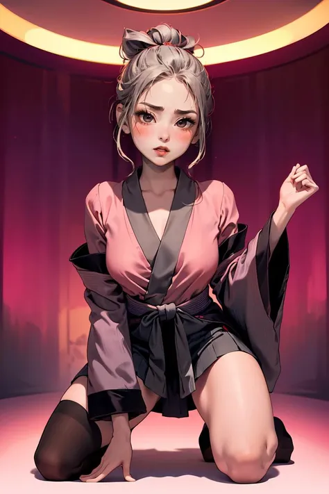(masterpiece, best quality), 1girl, Gunmetal Messy Top Knot, tiny breasts, Rose pink Kimono-style blouse with wide sleeves and a tie waist. and Flared corduroy skirt with a retro look, tube socks, Kneeling with one knee raised, looking upwards., <lora:reel-v1:1>
