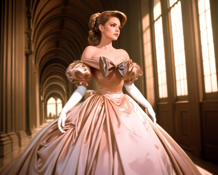 cinematic film still photogenic beautiful adult woman, age 30, high quality, best quality,  high detail, standing, g0wn, elbow gloves, grand hall <lora:SWD-45:1>, bare shoulders, puffy sleeves, shiny satin ((bright red)) ballgown, rim lighting, vibrant colors, looking at viewer, . shallow depth of field, vignette, highly detailed, high budget, bokeh, cinemascope, moody, epic, gorgeous, film grain, grainy