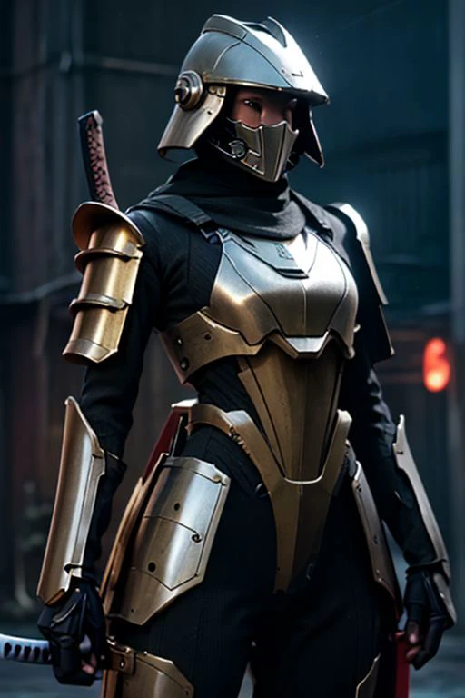 Craft an image of a futuristic male character adorned in stunning ((chrome)) samurai armor, complete with a hi-tech samurai helmet, metallic features, and distinctive Kanawa Security Trooper shoulder pads. Capture the essence of a cinematic action pose as he fires an enchanted ((tommy gun.)) The character should exude strength and precision while showcasing the advanced technology of his armor. Additionally, depict him with a sheathed katana on his left hip, creating a visually striking composition that seamlessly combines traditional samurai aesthetics with cutting-edge weaponry. (masterpiece), 8k, Absurdres, best quality, deep colors, Depth-of-field, Efficient Sub-Pixel, HDR, Low ISO, masterpiece, Maximum clarity and sharpness, Multi-Layered Textures, Octane Render, PBR Texturing, Perfect proportions, Post-processing, Rule of thirds, sub-pixel convolution. Subsurface scattering, Super-Resolution, Surface shading, Unreal 5, White balance, Wide aperture, wide-angle Hyperdetailed,
masterpiece, best quality, ((adult)), extremely detailed face, perfect lighting, 1boy, solo, photorealistic, hi res, hyperdetailed, ultrarealistic, cowboy shot, action pose,
male, (silver and black armor), ((holding tommy gun)), ((thompson submachine gun)), ((tommy gun)),((drum magazine)), (((samurai helmet))), cybersamurai, powersuit, mempo, cyber_samurai, sobe, ((kabuto)), ((shikoro)), 1boy, solo, no face, helmet, SamuraiC, japanese armor, helmet,