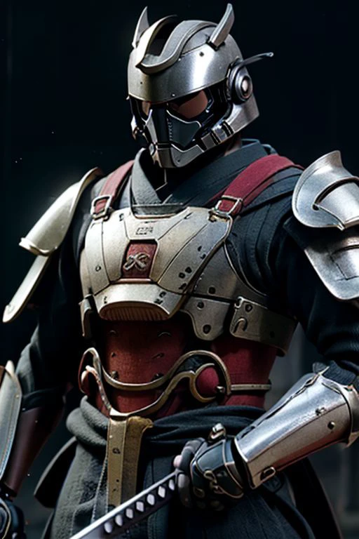 Craft an image of a futuristic male character adorned in stunning ((chrome)) samurai armor, complete with a hi-tech samurai helmet, metallic features, and distinctive Kanawa Security Trooper shoulder pads. Capture the essence of a cinematic action pose as he fires an enchanted ((tommy gun.)) The character should exude strength and precision while showcasing the advanced technology of his armor. Additionally, depict him with a sheathed katana on his left hip, creating a visually striking composition that seamlessly combines traditional samurai aesthetics with cutting-edge weaponry. (masterpiece), 8k, Absurdres, best quality, deep colors, Depth-of-field, Efficient Sub-Pixel, HDR, Low ISO, masterpiece, Maximum clarity and sharpness, Multi-Layered Textures, Octane Render, PBR Texturing, Perfect proportions, Post-processing, Rule of thirds, sub-pixel convolution. Subsurface scattering, Super-Resolution, Surface shading, Unreal 5, White balance, Wide aperture, wide-angle Hyperdetailed,
masterpiece, best quality, ((adult)), extremely detailed face, perfect lighting, 1boy, solo, photorealistic, hi res, hyperdetailed, ultrarealistic, cowboy shot, action pose,
male, (silver and black armor), ((holding tommy gun)), ((thompson submachine gun)), ((tommy gun)),((drum magazine)), (((samurai helmet))), cybersamurai, powersuit, mempo, cyber_samurai, sobe, ((kabuto)), ((shikoro)), 1boy, solo, no face, helmet, SamuraiC, japanese armor, helmet,