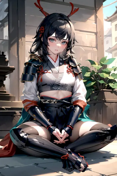 1girl, <lora:SamuraiC-16:1>, SamuraiC, japanese armor, sitting, east asian architecture, best quality, masterpiece, highres