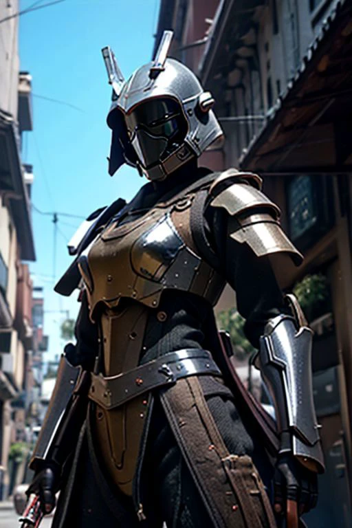 Craft an image of a futuristic male character adorned in stunning ((chrome)) samurai armor, complete with a hi-tech samurai helmet, metallic features, and distinctive Kanawa Security Trooper shoulder pads. Capture the essence of a cinematic action pose as he fires an enchanted ((tommy gun.)) The character should exude strength and precision while showcasing the advanced technology of his armor. Additionally, depict him with a sheathed katana on his left hip, creating a visually striking composition that seamlessly combines traditional samurai aesthetics with cutting-edge weaponry. (masterpiece), 8k, Absurdres, best quality, deep colors, Depth-of-field, Efficient Sub-Pixel, HDR, Low ISO, masterpiece, Maximum clarity and sharpness, Multi-Layered Textures, Octane Render, PBR Texturing, Perfect proportions, Post-processing, Rule of thirds, sub-pixel convolution. Subsurface scattering, Super-Resolution, Surface shading, Unreal 5, White balance, Wide aperture, wide-angle Hyperdetailed,
masterpiece, best quality, ((adult)), extremely detailed face, perfect lighting, 1boy, solo, photorealistic, hi res, hyperdetailed, ultrarealistic, cowboy shot, action pose,
male, (silver and black armor), ((holding tommy gun)), ((thompson submachine gun)), ((tommy gun)),((drum magazine)), (((samurai helmet))), cybersamurai, powersuit, mempo, cyber_samurai, sobe, ((kabuto)), ((shikoro)), 1boy, solo, no face, helmet, SamuraiC, japanese armor, helmet,