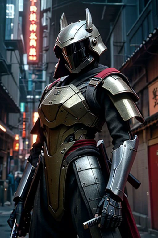 Craft an image of a futuristic male character adorned in stunning ((chrome)) samurai armor, complete with a hi-tech samurai helmet, metallic features, and distinctive Kanawa Security Trooper shoulder pads. Capture the essence of a cinematic action pose as he fires an enchanted ((tommy gun.)) The character should exude strength and precision while showcasing the advanced technology of his armor. Additionally, depict him with a sheathed katana on his left hip, creating a visually striking composition that seamlessly combines traditional samurai aesthetics with cutting-edge weaponry. (masterpiece), 8k, Absurdres, best quality, deep colors, Depth-of-field, Efficient Sub-Pixel, HDR, Low ISO, masterpiece, Maximum clarity and sharpness, Multi-Layered Textures, Octane Render, PBR Texturing, Perfect proportions, Post-processing, Rule of thirds, sub-pixel convolution. Subsurface scattering, Super-Resolution, Surface shading, Unreal 5, White balance, Wide aperture, wide-angle Hyperdetailed,
masterpiece, best quality, ((adult)), extremely detailed face, perfect lighting, 1boy, solo, photorealistic, hi res, hyperdetailed, ultrarealistic, cowboy shot, action pose,
male, (silver and black armor), ((holding tommy gun)), ((thompson submachine gun)), ((tommy gun)),((drum magazine)), (((samurai helmet))), cybersamurai, powersuit, mempo, cyber_samurai, sobe, ((kabuto)), ((shikoro)), 1boy, solo, no face, helmet, SamuraiC, japanese armor, helmet,