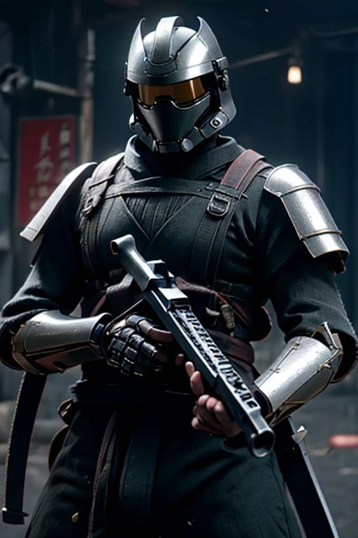 Craft an image of a futuristic male character adorned in stunning ((chrome)) samurai armor, complete with a hi-tech samurai helmet, metallic features, and distinctive Kanawa Security Trooper shoulder pads. Capture the essence of a cinematic action pose as he fires an enchanted ((tommy gun.)) The character should exude strength and precision while showcasing the advanced technology of his armor. Additionally, depict him with a sheathed katana on his left hip, creating a visually striking composition that seamlessly combines traditional samurai aesthetics with cutting-edge weaponry. (masterpiece), 8k, Absurdres, best quality, deep colors, Depth-of-field, Efficient Sub-Pixel, HDR, Low ISO, masterpiece, Maximum clarity and sharpness, Multi-Layered Textures, Octane Render, PBR Texturing, Perfect proportions, Post-processing, Rule of thirds, sub-pixel convolution. Subsurface scattering, Super-Resolution, Surface shading, Unreal 5, White balance, Wide aperture, wide-angle Hyperdetailed,
masterpiece, best quality, ((adult)), extremely detailed face, perfect lighting, 1boy, solo, photorealistic, hi res, hyperdetailed, ultrarealistic, cowboy shot, action pose,
male, (silver and black armor), ((holding tommy gun)), ((thompson submachine gun)), ((tommy gun)),((drum magazine)), (((samurai helmet))), cybersamurai, powersuit, mempo, cyber_samurai, sobe, ((kabuto)), ((shikoro)), 1boy, solo, no face, helmet, SamuraiC, japanese armor, helmet,