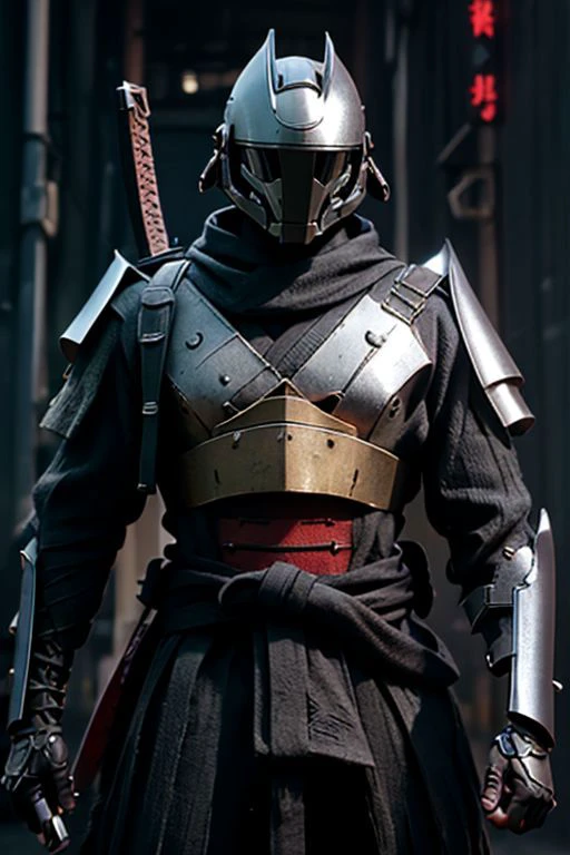 Craft an image of a futuristic male character adorned in stunning ((chrome)) samurai armor, complete with a hi-tech samurai helmet, metallic features, and distinctive Kanawa Security Trooper shoulder pads. Capture the essence of a cinematic action pose as he fires an enchanted ((tommy gun.)) The character should exude strength and precision while showcasing the advanced technology of his armor. Additionally, depict him with a sheathed katana on his left hip, creating a visually striking composition that seamlessly combines traditional samurai aesthetics with cutting-edge weaponry. (masterpiece), 8k, Absurdres, best quality, deep colors, Depth-of-field, Efficient Sub-Pixel, HDR, Low ISO, masterpiece, Maximum clarity and sharpness, Multi-Layered Textures, Octane Render, PBR Texturing, Perfect proportions, Post-processing, Rule of thirds, sub-pixel convolution. Subsurface scattering, Super-Resolution, Surface shading, Unreal 5, White balance, Wide aperture, wide-angle Hyperdetailed,
masterpiece, best quality, ((adult)), extremely detailed face, perfect lighting, 1boy, solo, photorealistic, hi res, hyperdetailed, ultrarealistic, cowboy shot, action pose,
male, (silver and black armor), ((holding tommy gun)), ((thompson submachine gun)), ((tommy gun)),((drum magazine)), (((samurai helmet))), cybersamurai, powersuit, mempo, cyber_samurai, sobe, ((kabuto)), ((shikoro)), 1boy, solo, no face, helmet, SamuraiC, japanese armor, helmet,