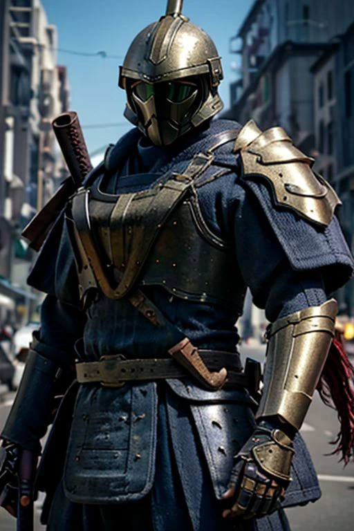 Craft an image of a futuristic male character adorned in stunning chrome samurai armor, complete with a hi-tech samurai helmet, metallic features, and distinctive Kanawa Security Trooper shoulder pads. Capture the essence of a cinematic action pose as he fires an enchanted submachine gun. The character should exude strength and precision while showcasing the advanced technology of his armor. Additionally, depict him with a sheathed katana on his left hip, creating a visually striking composition that seamlessly combines traditional samurai aesthetics with cutting-edge weaponry. (masterpiece), 8k, Absurdres, best quality, deep colors, Depth-of-field, Efficient Sub-Pixel, HDR, Low ISO, masterpiece, Maximum clarity and sharpness, Multi-Layered Textures, Octane Render, PBR Texturing, Perfect proportions, Post-processing, Rule of thirds, sub-pixel convolution. Subsurface scattering, Super-Resolution, Surface shading, Unreal 5, White balance, Wide aperture, wide-angle Hyperdetailed,
masterpiece, best quality, ((adult)), extremely detailed face, perfect lighting, 1boy, solo, photorealistic, hi res, hyperdetailed, ultrarealistic, cowboy shot, action pose,
male, slight build, (silver and black armor), ((holding tommy gun)), ((thompson submachine gun)), ((tommy gun)), )drum magazine)), (((samurai helmet))), cybersamurai, powersuit, mempo, cyber_samurai, sobe, ((kabuto)), ((shikoro)), StarWMandalorian, 1boy, solo, no face, helmet, SamuraiC, japanese armor, helmet,