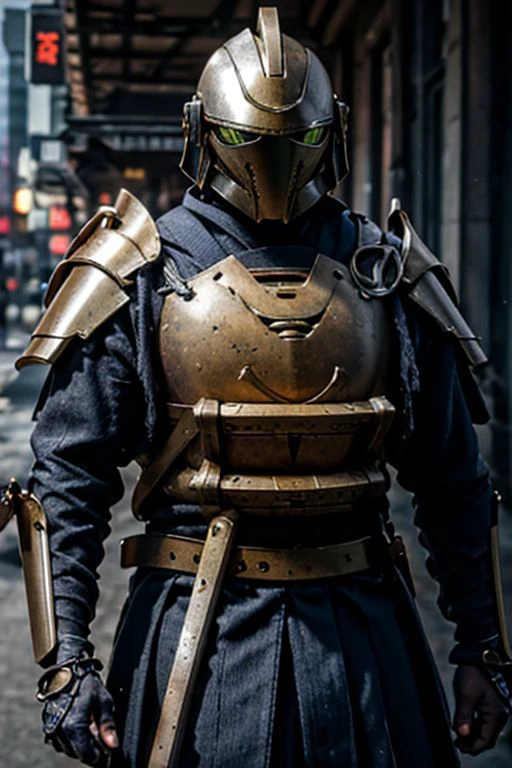 Craft an image of a futuristic male character adorned in stunning chrome samurai armor, complete with a hi-tech samurai helmet, metallic features, and distinctive Kanawa Security Trooper shoulder pads. Capture the essence of a cinematic action pose as he fires an enchanted submachine gun. The character should exude strength and precision while showcasing the advanced technology of his armor. Additionally, depict him with a sheathed katana on his left hip, creating a visually striking composition that seamlessly combines traditional samurai aesthetics with cutting-edge weaponry. (masterpiece), 8k, Absurdres, best quality, deep colors, Depth-of-field, Efficient Sub-Pixel, HDR, Low ISO, masterpiece, Maximum clarity and sharpness, Multi-Layered Textures, Octane Render, PBR Texturing, Perfect proportions, Post-processing, Rule of thirds, sub-pixel convolution. Subsurface scattering, Super-Resolution, Surface shading, Unreal 5, White balance, Wide aperture, wide-angle Hyperdetailed,
masterpiece, best quality, ((adult)), extremely detailed face, perfect lighting, 1boy, solo, photorealistic, hi res, hyperdetailed, ultrarealistic, cowboy shot, action pose,
male, slight build, (silver and black armor), ((holding tommy gun)), ((thompson submachine gun)), ((tommy gun)), )drum magazine)), (((samurai helmet))), cybersamurai, powersuit, mempo, cyber_samurai, sobe, ((kabuto)), ((shikoro)), StarWMandalorian, 1boy, solo, no face, helmet, SamuraiC, japanese armor, helmet,