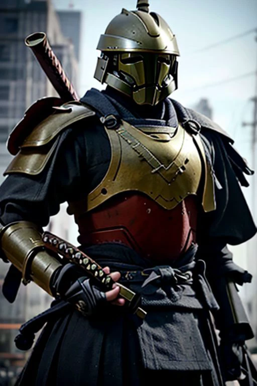 Craft an image of a futuristic male character adorned in stunning chrome samurai armor, complete with a hi-tech samurai helmet, metallic features, and distinctive Kanawa Security Trooper shoulder pads. Capture the essence of a cinematic action pose as he fires an enchanted submachine gun. The character should exude strength and precision while showcasing the advanced technology of his armor. Additionally, depict him with a sheathed katana on his left hip, creating a visually striking composition that seamlessly combines traditional samurai aesthetics with cutting-edge weaponry. (masterpiece), 8k, Absurdres, best quality, deep colors, Depth-of-field, Efficient Sub-Pixel, HDR, Low ISO, masterpiece, Maximum clarity and sharpness, Multi-Layered Textures, Octane Render, PBR Texturing, Perfect proportions, Post-processing, Rule of thirds, sub-pixel convolution. Subsurface scattering, Super-Resolution, Surface shading, Unreal 5, White balance, Wide aperture, wide-angle Hyperdetailed,
masterpiece, best quality, ((adult)), extremely detailed face, perfect lighting, 1boy, solo, photorealistic, hi res, hyperdetailed, ultrarealistic, cowboy shot, action pose,
male, slight build, (silver and black armor), ((holding tommy gun)), ((thompson submachine gun)), ((tommy gun)), )drum magazine)), (((samurai helmet))), cybersamurai, powersuit, mempo, cyber_samurai, sobe, ((kabuto)), ((shikoro)), StarWMandalorian, 1boy, solo, no face, helmet, SamuraiC, japanese armor, helmet,