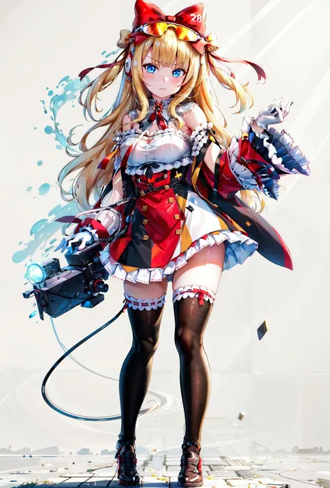 (best quality, masterpiece, 8k, uhd), 1girl, solo, shirt, skirt, cannon ballers, closed mouth, standing, full body
himmel, blonde hair, blue eyes, two side up, white gloves, thighhighs, red bow, eyewear on head <lyco:himmelBeatmania:0.8>