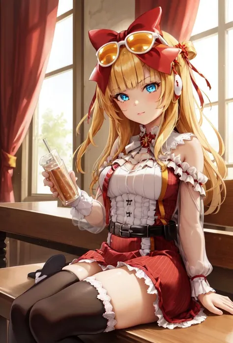 perfect eyes:1.2, detailed eyes:1.4, Emilie T8, blunt bangs, blue eyes, long hair, blonde hair, thighhighs, lace-up boots, pink frilled dress, frilled ascot, fingerless gloves, smile, red eyeshadow:1.2, makeup:1.2, cowboy shot, 1girl, solo, (masterpiece:1.6, best quality), 8k, insane details, intricate details, hyperdetailed, hyper quality, high detail, ultra detailed, professional, HDR, ray tracing reflection, cinematic lighting,