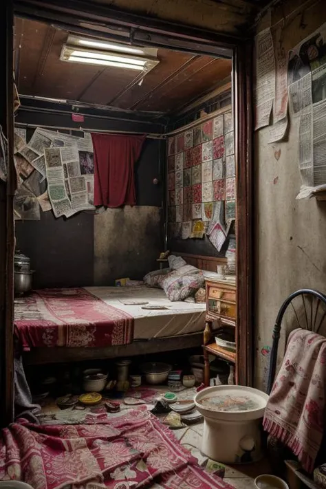 portrait of sluminterior, bedroom, slum, poster, pan, kitchen, rack, detail, crack, broken, newspaper, ornate, broken mirror, bed, blanket and pillow, dirty, <lora:ARWSlumInterior:1>