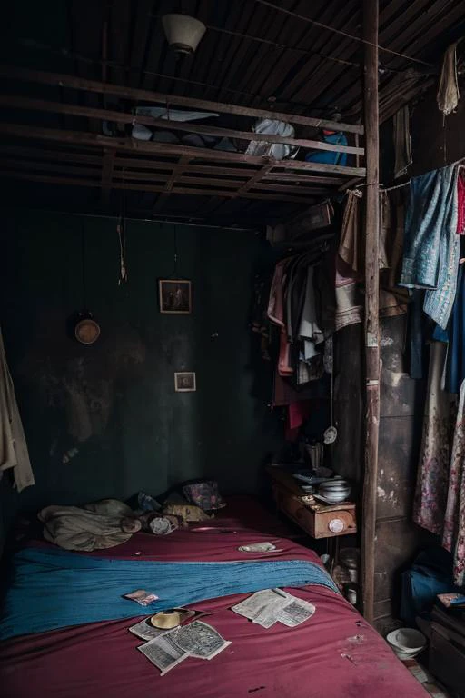 portrait of sluminterior, bedroom, mattress, clothesline, slum, poster, pan, kitchen, rack, detail, crack, broken, newspaper, ornate, broken mirror, bed, blanket and pillow, dirty, <lora:ARWSlumInterior:1>