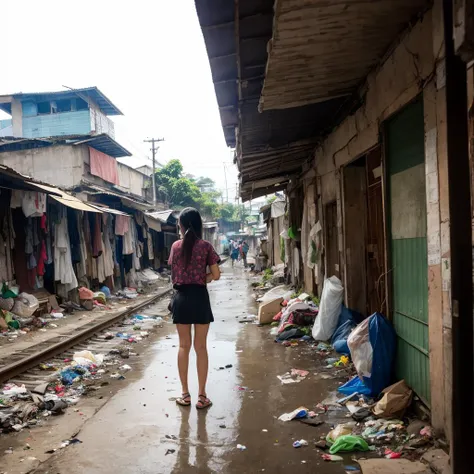 (nudity, explicit) Slums, garbage heaps, many, many women, obscene, crowded, best quality, full body portrait (1:1), delicate face, 18 year old girl, slim and slender figure, skinny, smaller bust, white nude, looming, hairy crotch, barefoot,,, garbage, sweat, pubic hair