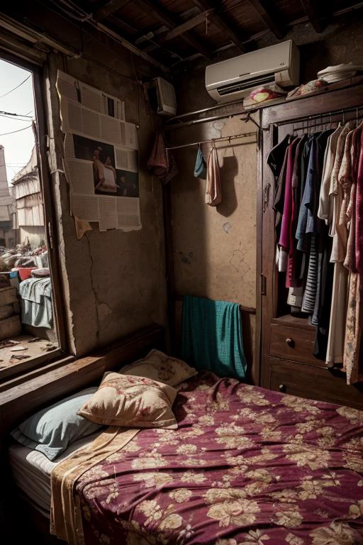 portrait of sluminterior, bedroom, mattress, india, wardrobe, clothesline, slum, poster, pan, kitchen, rack, detail, crack, broken, newspaper, ornate, broken mirror, bed, blanket and pillow, dirty, <lora:ARWSlumInterior:1>
