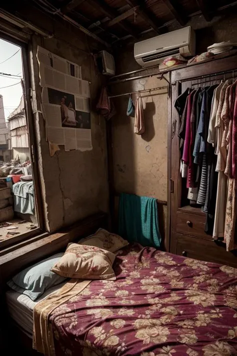 portrait of sluminterior, bedroom, mattress, india, wardrobe, clothesline,  slum, poster, pan, kitchen, rack, detail, crack, broken, newspaper, ornate, broken mirror, bed, blanket and pillow, dirty, <lora:ARWSlumInterior:1>