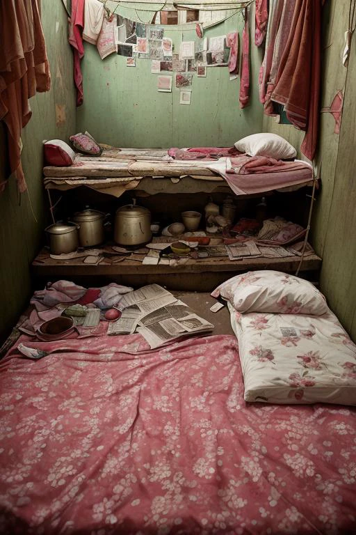 portrait of sluminterior, bedroom, mattress, clothesline, slum, poster, pan, kitchen, rack, detail, crack, broken, newspaper, ornate, broken mirror, bed, blanket and pillow, dirty, <lora:ARWSlumInterior:1>