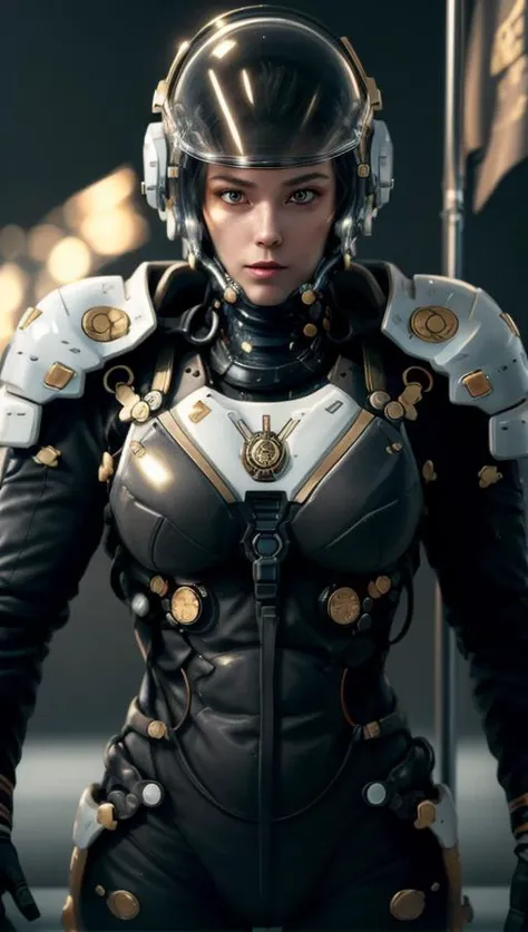 edgfut_clothing, , spacecraft hangar, heroic female fighter pilot, intricate highly detailed formal Cream Storm Gray leather uniform, sci-fi, futuristic, cyberpunk, medals, utility belt, dramatic cinematic lighting, low angle shot, dynamic action posture, to scale, golden pilot sunglasses, highest facial details, dark, tools, realistic fabric details and folds, masterpiece, the greatest details, 8k, UHD, HDR, incredibly intricate, cinematic composition, <lora:edgFuturistic1>, futuristic visor