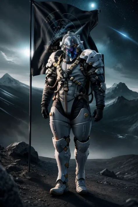 full body shot of muscular ludenskojima, holding a flag, science fiction, skull mask, black gloves, gold details, detail, realistic, ornate, on a mountain, blue and orange light, meteor rain, black smoke silhouettes in the background , <lora:ARWLudensKojima:1> <lora:add_detail:0.6>