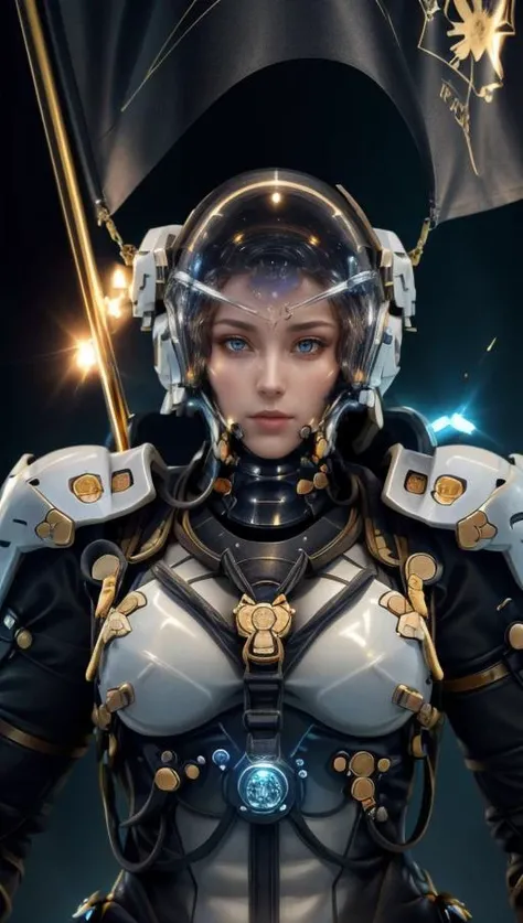 upper body photo of female ludenskojima, perfect eyes, science fiction, gold details, (black and gold), detail, realistic, ornate, blue and orange light, <lora:ARWLudensKojima:1> <lora:add_detail:0.6> <lora:blackgold:0.6>