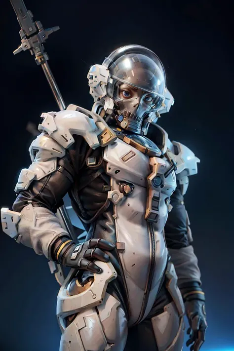 1man, front, symmetry, portrait half body of muscular ludenskojima blue skull in spacesuit, softfocus, holding pole, black gloves, planet space, stars, blue light, thunder, smoke, debris, city ruins, detail, realistic, ornate, half upper body, bokeh, blurry background <lora:ARWLudensKojima:1>