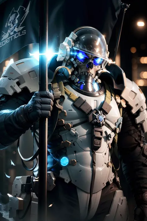 1man, front, portrait half body of muscular ludenskojima blue skull, holding pole, black gloves, blue light, thunder, smoke, debris, city ruins, detail, realistic, ornate, half upper body, bokeh, blurry background