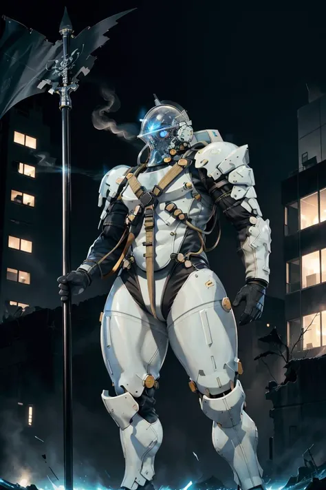1man, front, symmetry, portrait half body of muscular ludenskojima blue skull, holding pole, black gloves, blue light, thunder, smoke, debris, city ruins, detail, realistic, ornate, half upper body, bokeh, blurry background <lora:ARWLudensKojima:1>