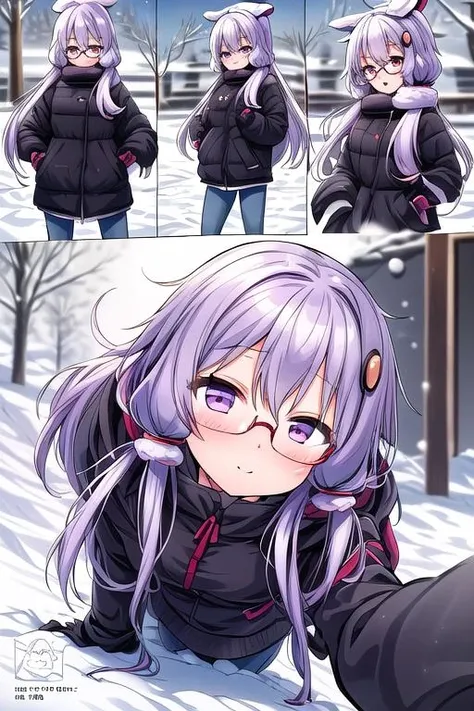 masterpiece, best quality,ultra detail, <lora:anmnr01:0.3> <lora:add_detail:0.5>,<lora:GoodHands-vanilla:0.8>,girl,Yuzuki_yukari, <lora:Yuzuki_Yukari:0.7>,bar,small breasts,comic , (<lora:Icy Cold Comics:0.9>comic_panel_layout) black long hair,girl,glasses,winter,snow,town