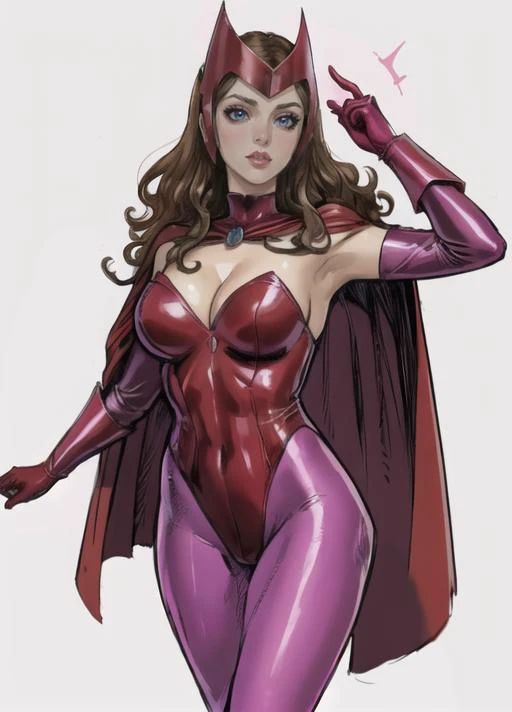 beautiful, (masterpiece:1.2), (best quality:1.2), perfect face, perfect eyes, perfect lighting, pov, 1girl, Maximoff, leotard, cape, helmet, pink pantyhose, gloves, cleavage, walking, <lora:scarlet-10:0.8>, foreshortening, depth, simple gradient background