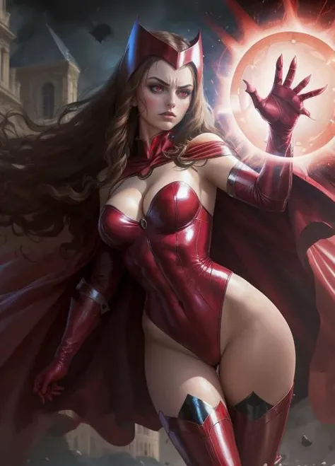 beautiful, (masterpiece:1.2), (best quality:1.2), from below, 1girl, Maximoff, angry, red glowing eyes,leotard, cape, helmet, thigh highs, gloves, cleavage, superhero, (red magic, spells, magic), floating, <lora:scarlet-10:0.8>, foreshortening, depth, dark background,