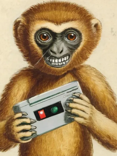 antiquefauna monkey holding a gameboy, high quality, very sharp <lora:hjantiquefauna_v10xl:0.8>