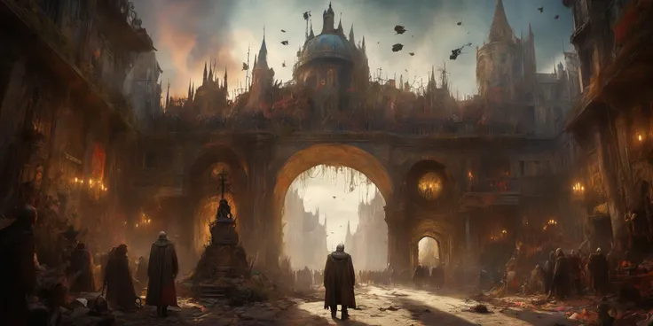 (The Grand arrival of a war hero at the gates of a grand city while the king stares at him in distain and wishes him dead), 4k UHD, ultra-high res, ultra detailed, DSLR, best quality, high detailed, Generate bichu greg rutkowski by Simon Bisley detailed (full shot:1.4), intricate, Tilt-shift Post-apocalyptic, ultrarealistic, natural light, Miniature, parallax effect, dark sci-fi fantasy, gothic horror, James Ensor,Unica Zurn,Zdzislaw Beksinki, ultra detailed, intricate, surrealism, disturbing, weird, expression art, grand scale, zoomed out, wide angle, colorful, eccentric, odd.