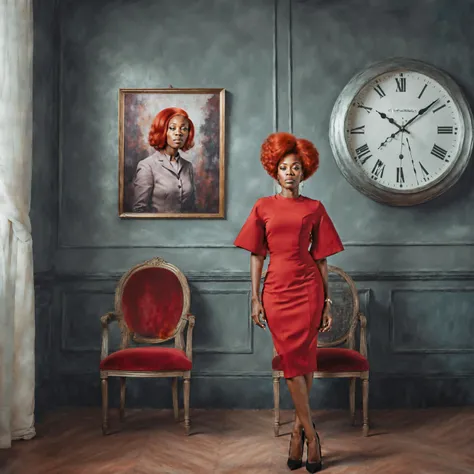 a woman with red hair and a red shirt is standing in a room with a chair and a clock on the wall, Chinwe Chukwuogo-Roy, complementing colors, a photorealistic painting, by Thayaht , platinum color scheme , fashion photography <lora:add-detail:0.5> <lora:PerfectEyes:1>