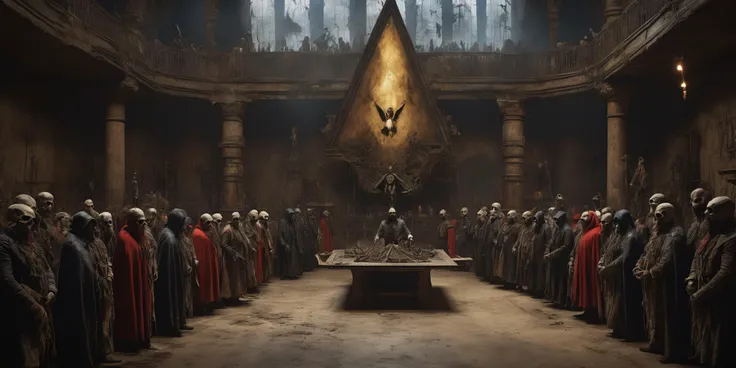 (Masonic secret society ritual sacrificing humans),  4k UHD, ultra-high res, ultra detailed, DSLR, best quality, high detailed, Generate [bichu] [greg rutkowski] by (Simon Bisley) detailed (full shot:1.5), intricate, Tilt-shift Post-apocalyptic, ultrarealistic, natural light, Miniature, Stop-Motion, parallax effect, dark sci-fi fantasy, gothic horror, (James Ensor,Unica Zurn,Zdzislaw Beksinki:1.25), (Metallics:1.1), (Shape:1.1), Rhombus, ultra detailed, intricate, (surrealism:1.1), (disturbing:1.1), weird, expression art, Tim burton, grand scale, zoomed out, wide angle.