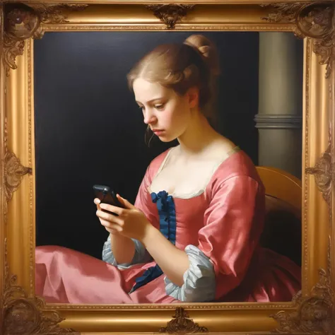 A classical painting of a girl looking at her phone