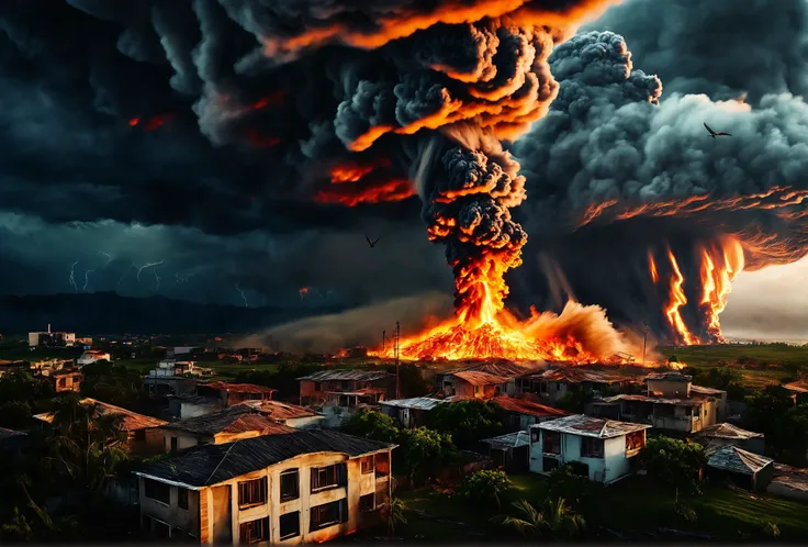 realistic, cinematic landscape, overdetailed, high details, masterpiece, cinematic color grading, epic shot, epic mood, epic landscape, immense tornado of fire, burning house, bird's eye view, storm background
