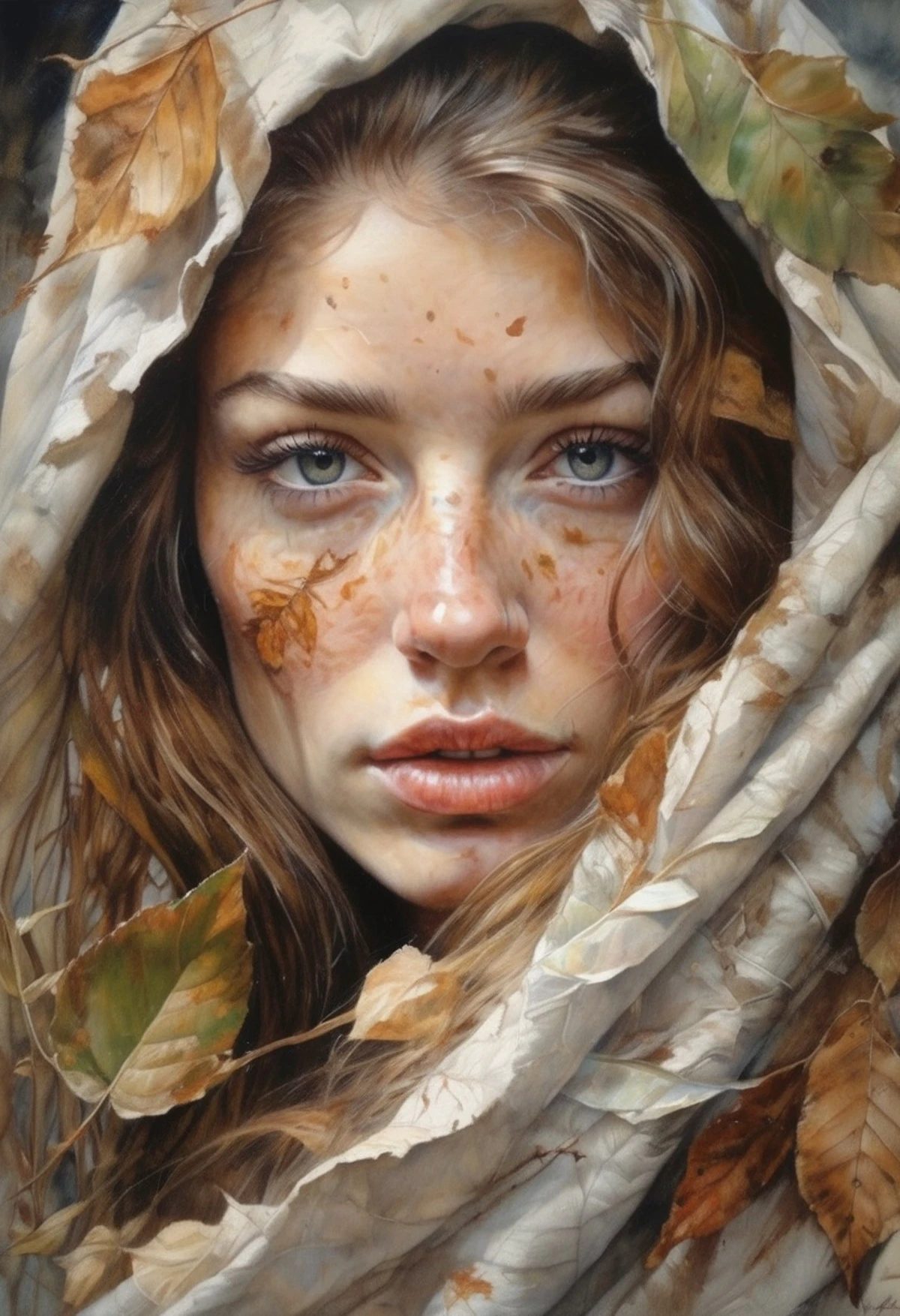 detailed oil painting, <lora:add-detail-xl:1> portrait of a unique breathtaking and beautiful woman face close-up, looking at viewer, stunning detail, hyper detailed eyes, leaves instead of hair, detailed skin with a flawless texture delicate and refined, smooth hair elegantly draped around her neck, subtle freckles on her nose, fullness of her lips, covered with leafs, captured in masterful composition, lighting accentuate her natural beauty, gentle shadows and highlights, incredible skill and attention to detail, nuance and detail, supersharp focus, Carne Griffiths, Conrad Roset, annie leibovitz, (hyperdetailed:1. 15), (soft light, sharp:1. 2), (Hasselblad masterclass:1. 1)
