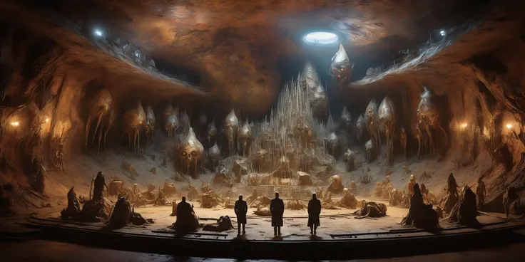 (secret Dulce base, New Mexico, massive underground lab with many aliens experimenting on humans),  4k UHD, ultra-high res, ultra detailed, DSLR, best quality, high detailed, Generate [bichu] [greg rutkowski] by (Simon Bisley) detailed (full shot:1.5), intricate, Tilt-shift Post-apocalyptic, ultrarealistic, natural light, Miniature, Stop-Motion, parallax effect, dark sci-fi fantasy, gothic horror, (James Ensor,Unica Zurn,Zdzislaw Beksinki:1.25), (Metallics:1.1), (Shape:1.1), Rhombus, ultra detailed, intricate, (surrealism:1.1), (disturbing:1.1), weird, expression art, Tim burton, grand scale, zoomed out, wide angle.