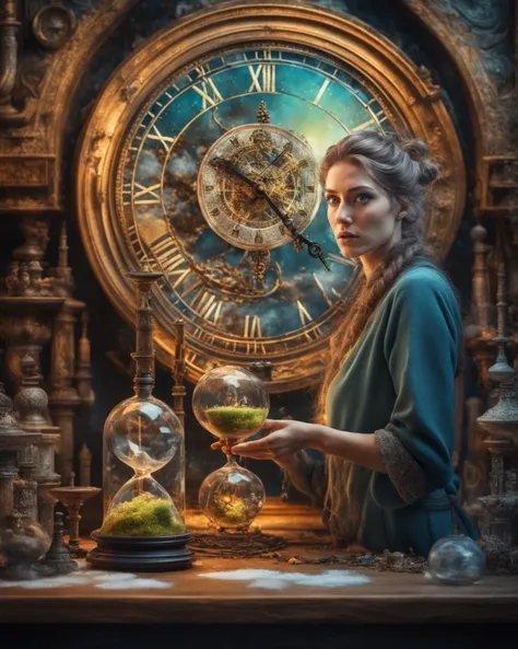 (Colorful, Ultra realistic, Intricate, awesome high resolution photography), (Superb close view of a Fey Wanderer Conducting a scientific experiment in A mythical realm where time stands still, with floating hourglasses and ancient clocks frozen in place.), (Lots of different textures, lots of textures, fluids, Amazing scenery), (dramatic lighting, masterpiece), (Colorful, Ultra Realistic, High quality, Ultra detailed, Sharp focus, 8K UHD, Ultra realism, scene, trending on Civitai)