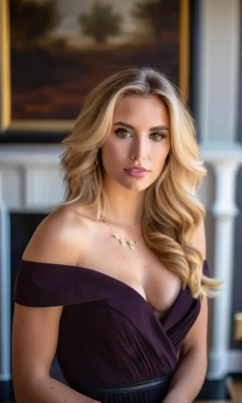 realistic, half body headshot photo of a young woman, photo by Guy Anoch, long hair, breasts, looking at viewer, blonde hair, dress, cleavage, bare shoulders, brown eyes, medium breasts, upper body, black dress, lips, nose,