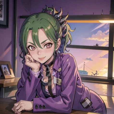 masterpiece, best quality, 1girl, solo, looking at viewer, smile, <lora:ShoijiV4:0.8>, Shoiji, purple jacket, purple shirt, folded ponytail, choker, green hair, brown eyes, hairclip, pants,