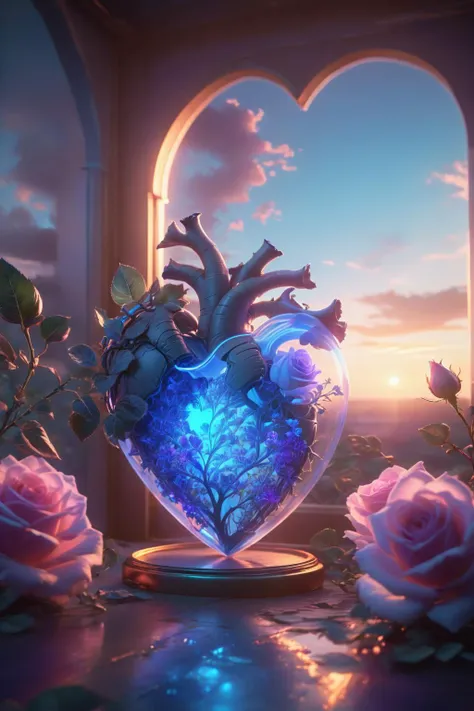 Digital Art,Concept Art,octane rendering,unreal engine,dreamlike scenes,delicate and rich light and color,superb light and shadow effects and color matching,aesthetic and romantic,Surrealistic,magical,fantasist,fantastic,Ornate And Intricate,unimaginable beauty,
A glowing [pink|purple] rose and some glowing blue plants in a transparent (heart-shaped:1.5) glass container,
this container in a love story book,extremely romantic mood,nostalgic atmosphere,gentle light and lingering composition,depth of field,<lora:-_SDXL_-_letitflrsh_let_it_flourish_V1.0:0.6>,letitflrsh,<lora:Dream Scenery XL:1>,Dream Scenery,a glowing neon-colored heart pattern,