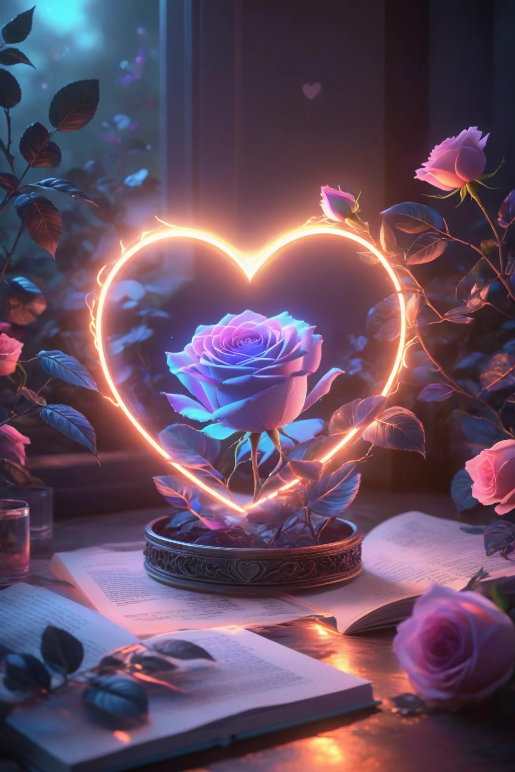 Digital Art,Concept Art,octane rendering,unreal engine,dreamlike scenes,delicate and rich light and color,superb light and shadow effects and color matching,aesthetic and romantic,Surrealistic,magical,fantasist,fantastic,Ornate And Intricate,unimaginable beauty,
A glowing [pink|purple] rose and some glowing blue plants in a transparent (heart-shaped:1.5) glass container,
this container in a love story book,extremely romantic mood,nostalgic atmosphere,gentle light and lingering composition,depth of field,<lora:-_SDXL_-_letitflrsh_let_it_flourish_V1.0:0.6>,letitflrsh,<lora:Dream Scenery XL:1>,Dream Scenery,a glowing neon-colored heart pattern,