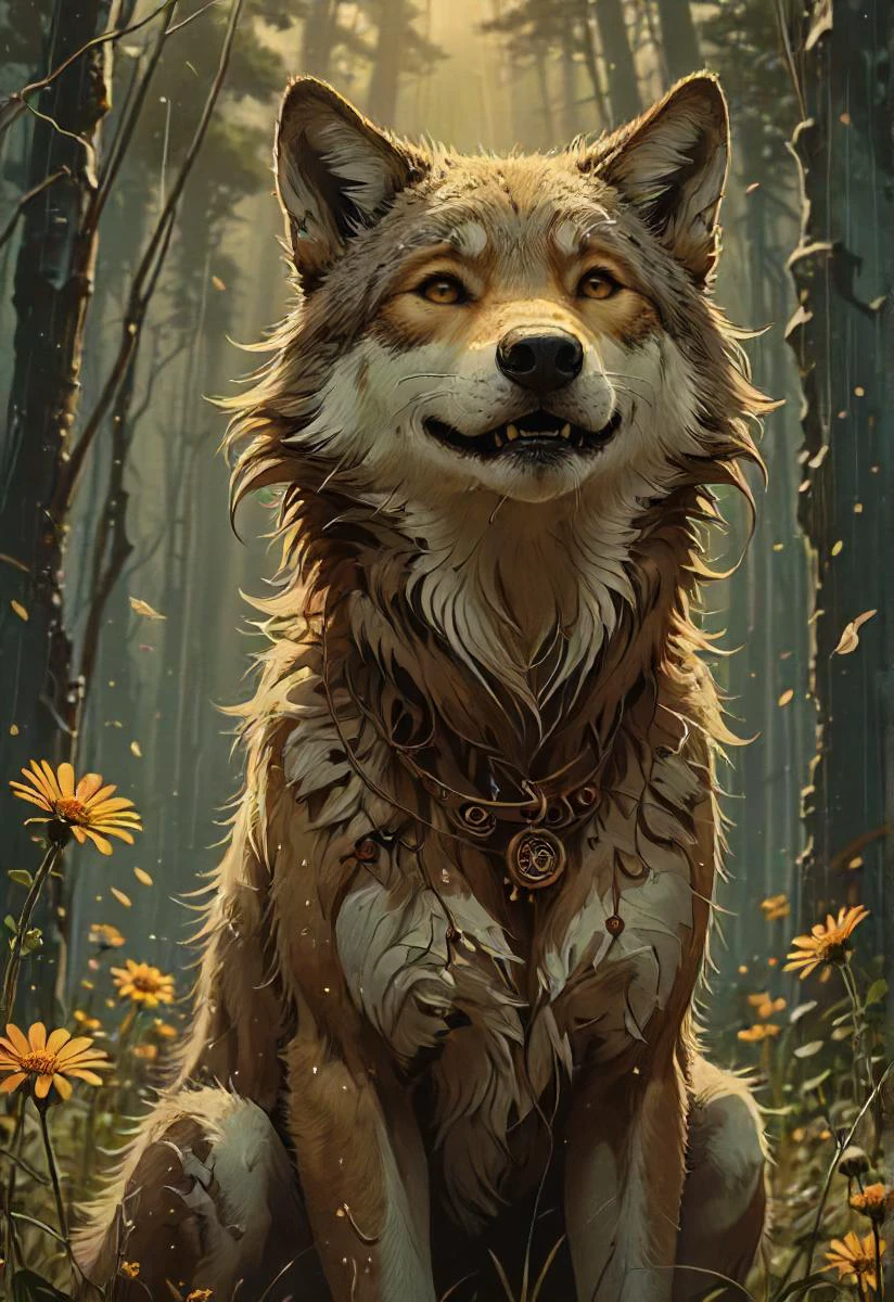 wolf's rain, brown, happy, smile, detailed, atmospheric, illusion, the flower that dances in the wind, next time in paradise, serene, <lora:Dark_Anime:0.2> <lora:- SDXL - letitflrsh_let_it_flourish_V1.0:0.4> <lora:The_Dark_Side_Of_The_Future:0.4>