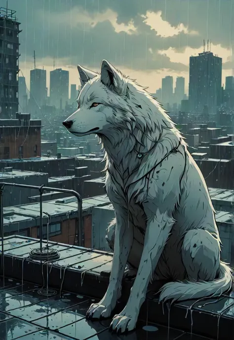 wolf's rain, rooftop, white, tired, (scars:1.2), detailed, atmospheric, illusion, a (sad song,:1.1) dystopian city, moody, <lora:Dark_Anime:0.3> <lora:- SDXL - letitflrsh_let_it_flourish_V1.0:0.2> <lora:The_Dark_Side_Of_The_Future:0.1>