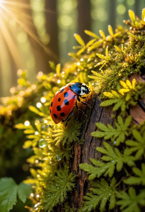 macro photography of a ladybug on an old mossy tree stump, forest background, morning dew, golden hour, light rays, Nikon D850, masterpiece, extremely detailed, highest quality, ultra-realistic, <lora:add-detail-xl:1>, <lora:- SDXL - letitflrsh_let_it_flourish_V1.0:0.7> letitflrsh