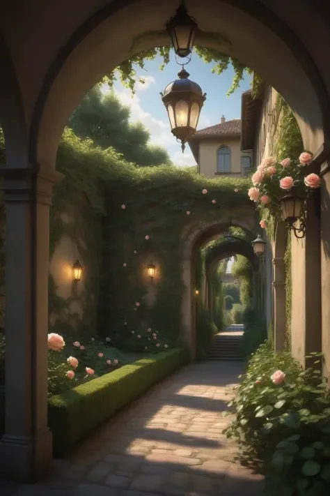 letitflrsh,<lora:- SDXL - letitflrsh_let_it_flourish_V1.0:1>,(masterpiece, best quality, highly detailed, intricate),a walkway in a garden with lots of green plants and trees on either side of it and a lantern hanging from the ceiling,(Climbing rose:1.2),lush,blooming,unimaginable beauty,Florence Engelbach,tone mapping,a flemish Baroque,german romanticism,cinematic composition,beautiful lighting,